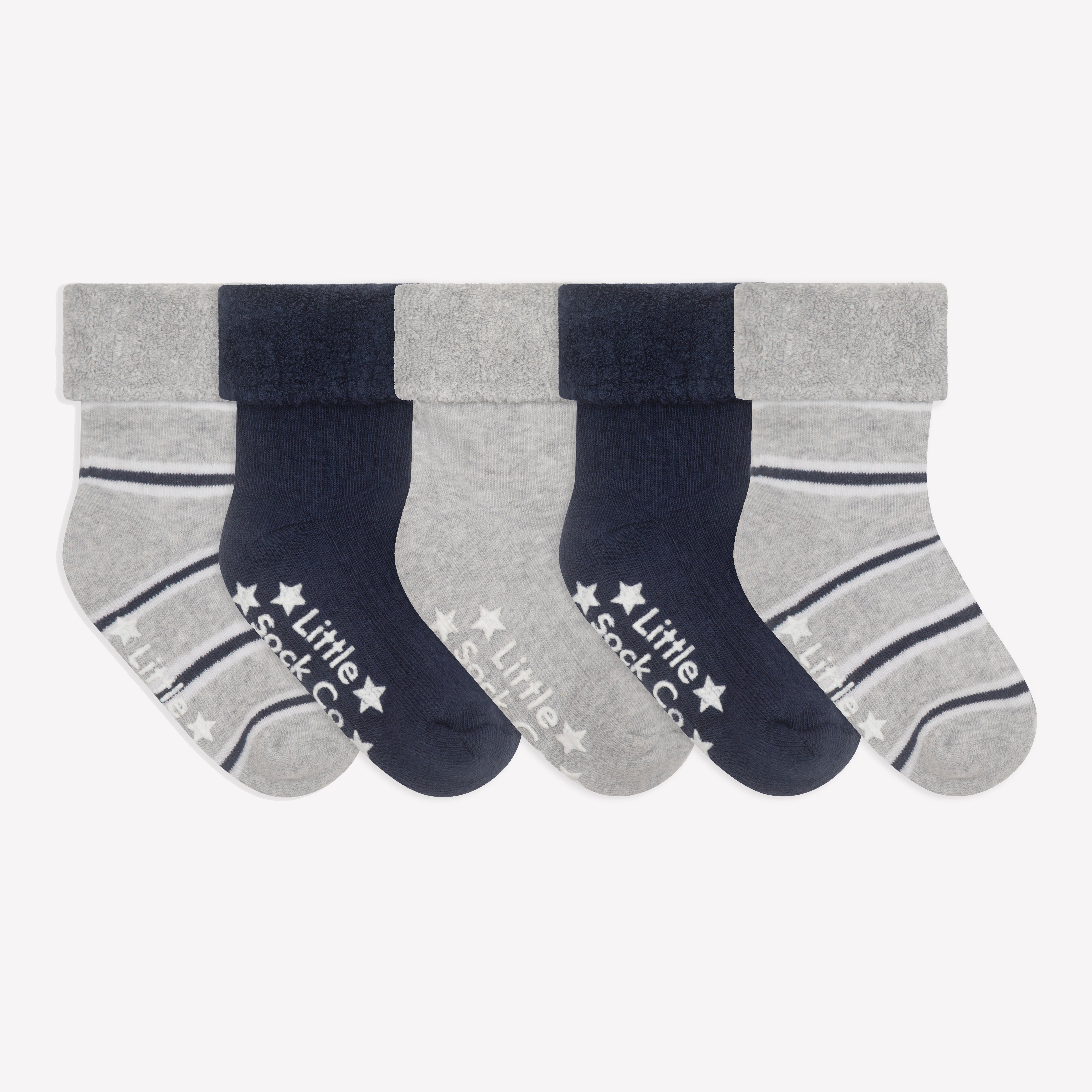 Cosy Stay On Winter Warm Non Slip Baby Socks - 5 Pack in Navy, Grey & Stripe